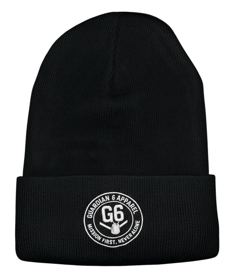 Cuffed Black Beanie with White Emblem